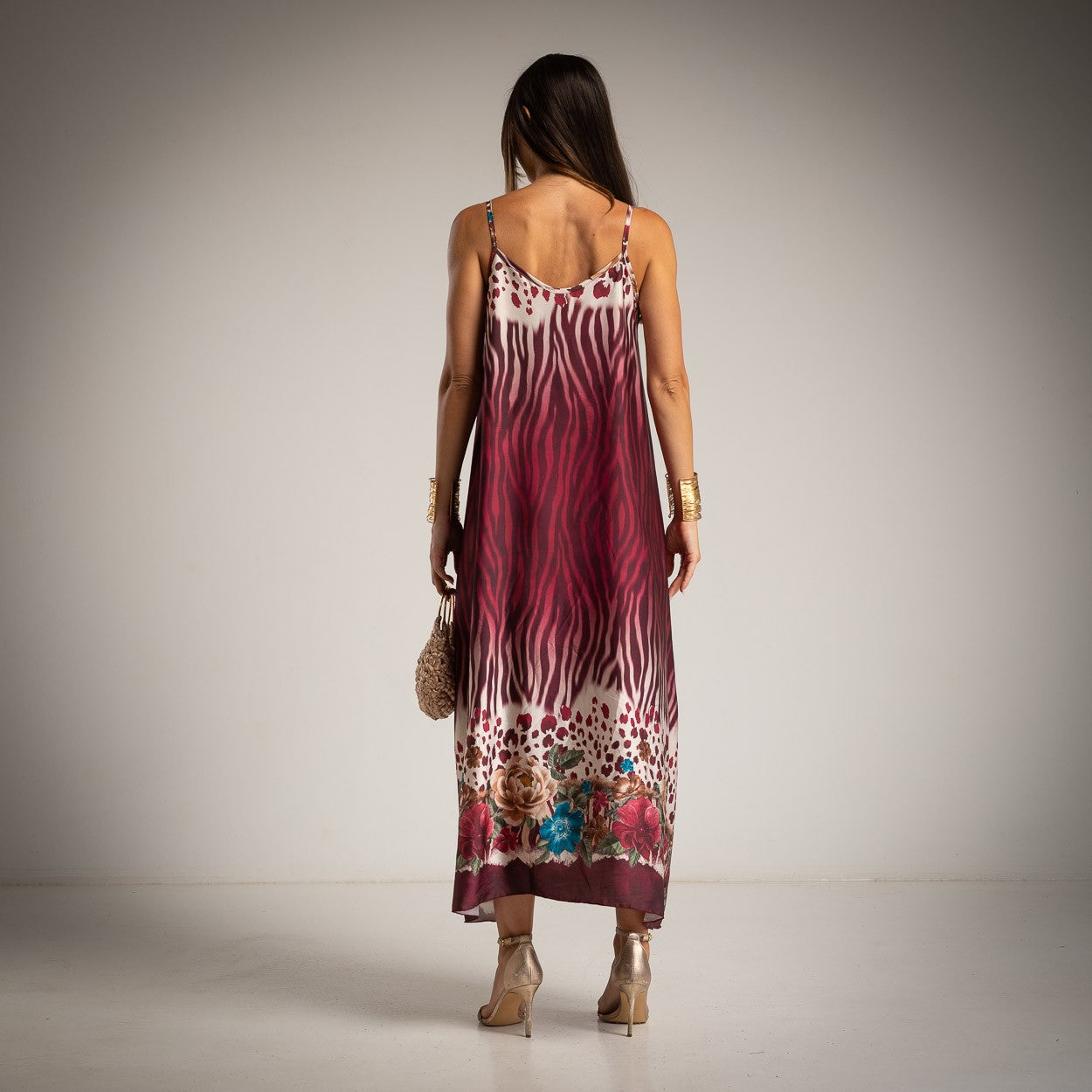 ZEBRA SATIN DRESS BURGUNDY