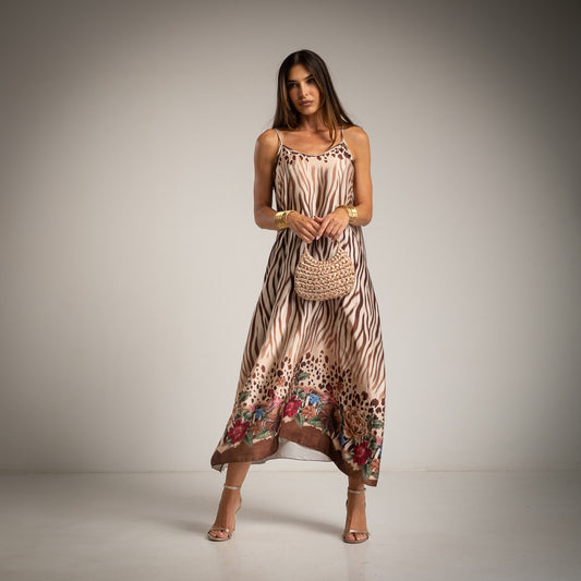 ZEBRA SATIN DRESS BEIGE