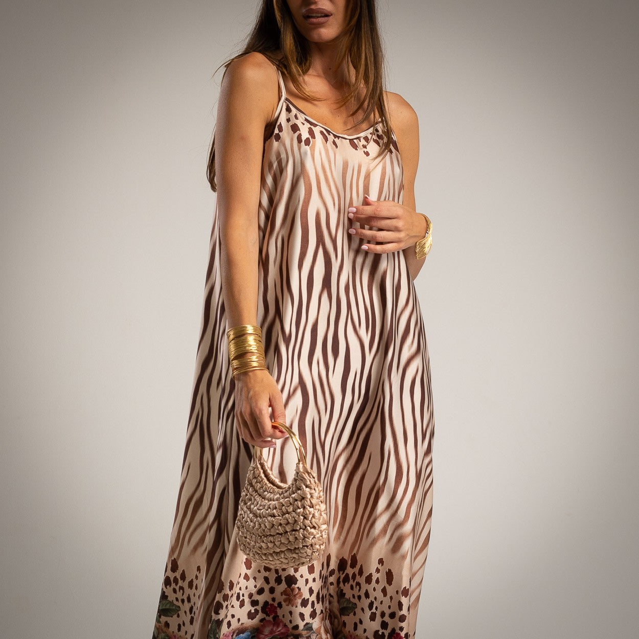 ZEBRA SATIN DRESS BEIGE