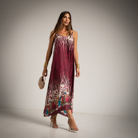 ZEBRA SATIN DRESS BURGUNDY